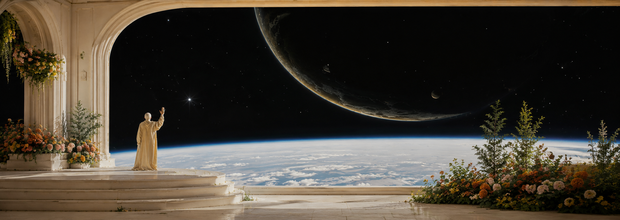 Terrace and flowers framing a view of Earth from space